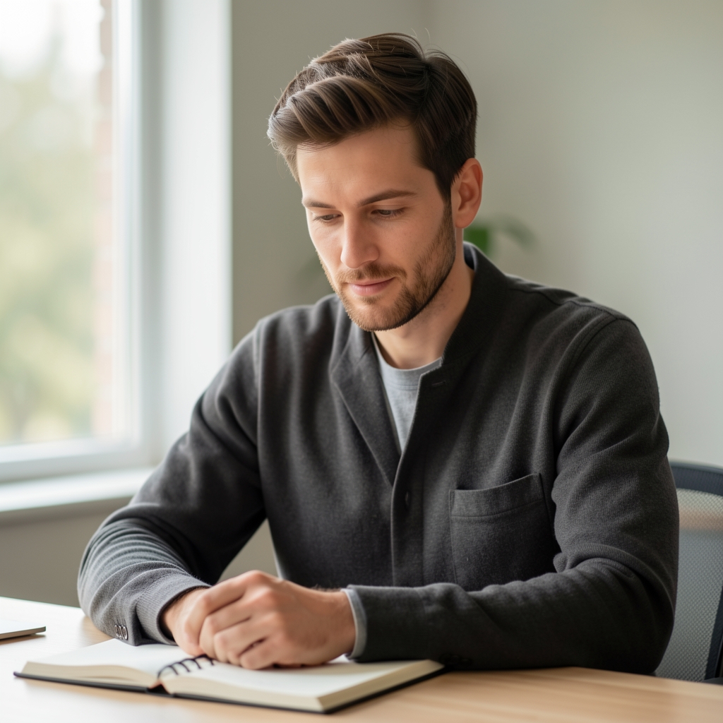 Man journalling at a minimal desk, soft daylight streaming through a window, editorial portrait composition
