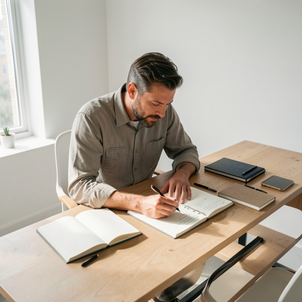 Editorial workspace with notebook, pen, and supplement labels arranged on a warm cream surface in soft natural light