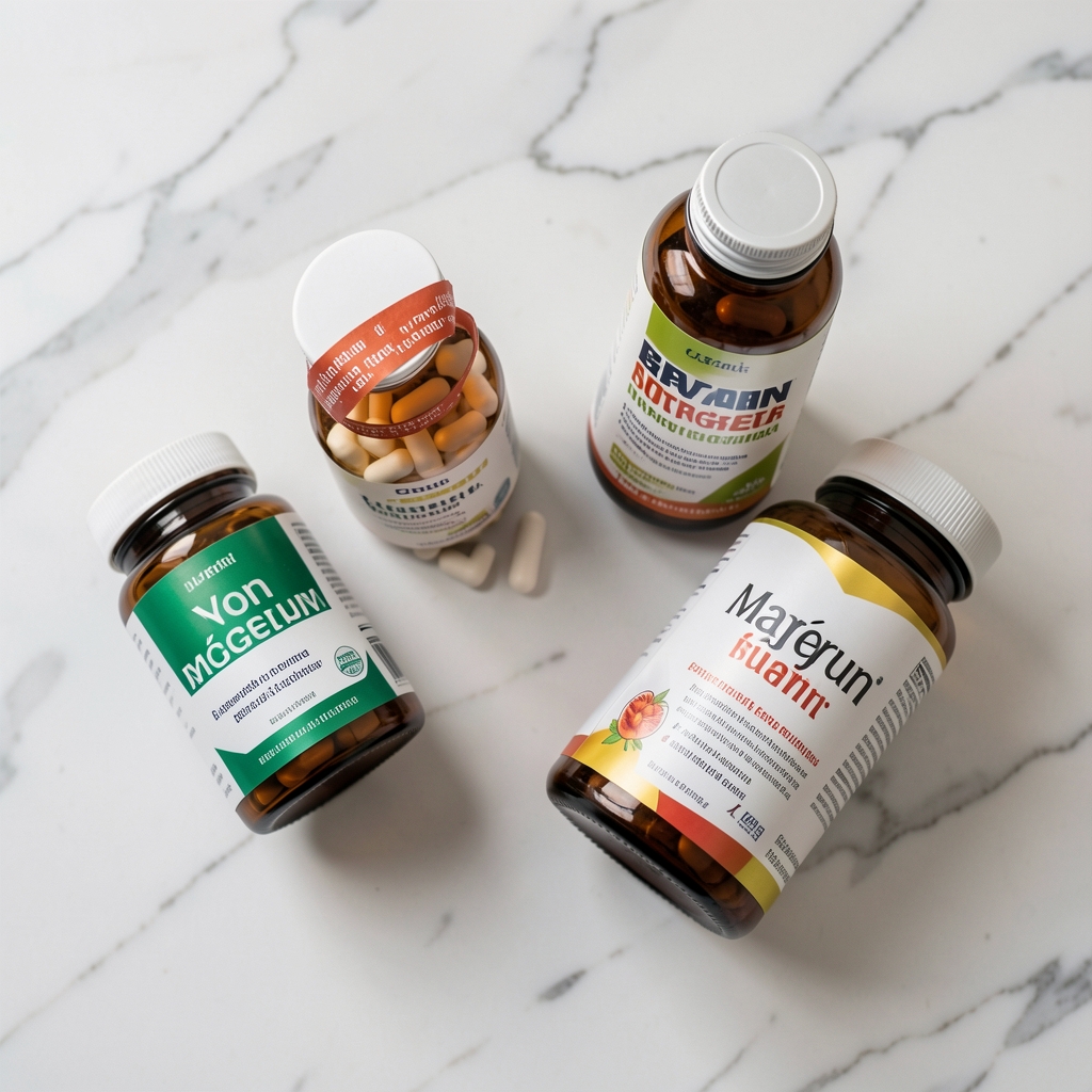 Close-up of vitamin containers and magnesium supplement bottles on a white marble surface, editorial overhead composition