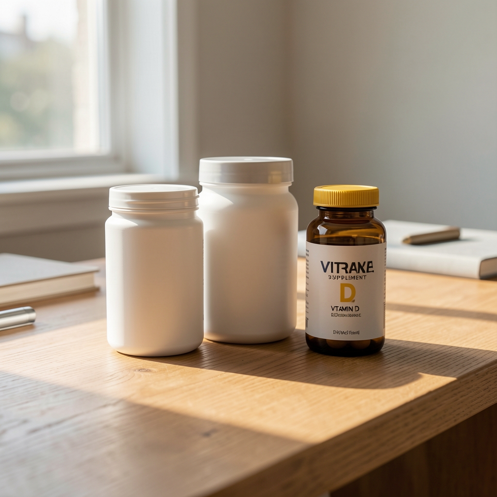 Supplement containers and a vitamin D bottle arranged on a sunlit wooden desk in a minimal editorial composition