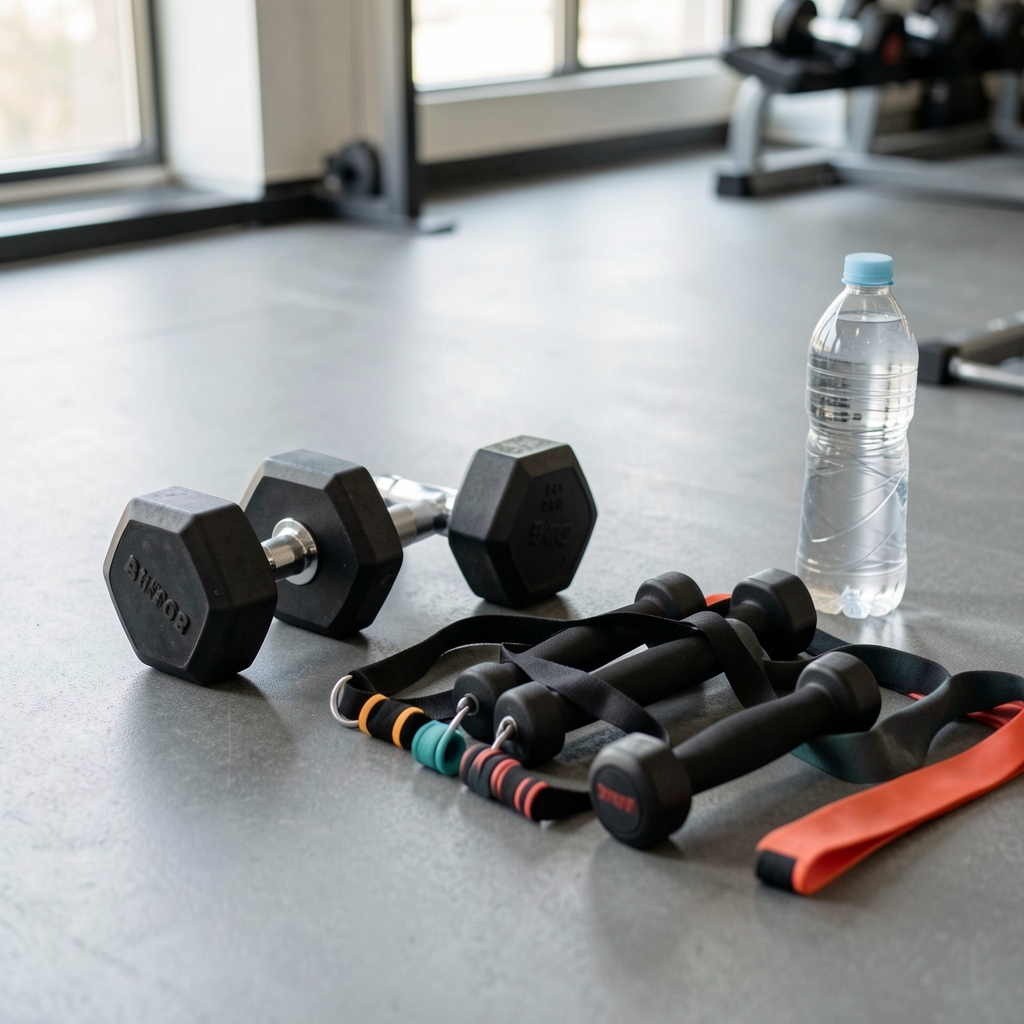 Weights and resistance bands arranged on a clean gym floor surface with water bottle, editorial composition in natural daylight