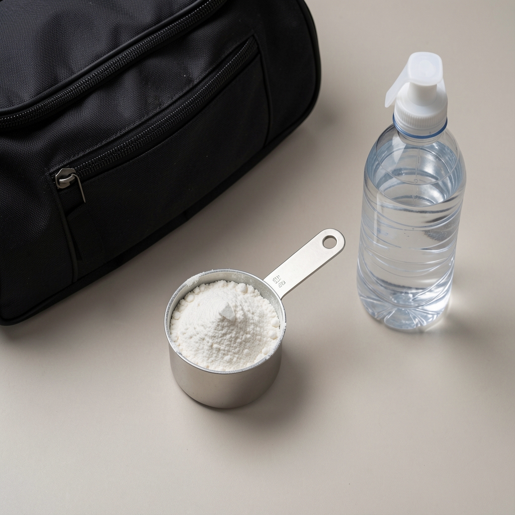 Creatine powder in a measuring scoop next to a gym bag and water bottle on a neutral background, editorial flat lay