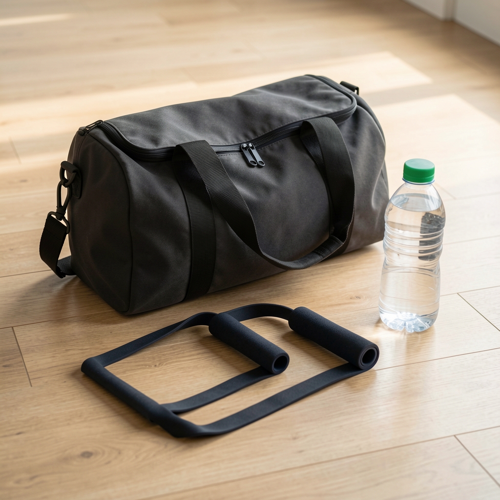 Gym bag, resistance band, and water bottle on a clean wooden floor in natural light