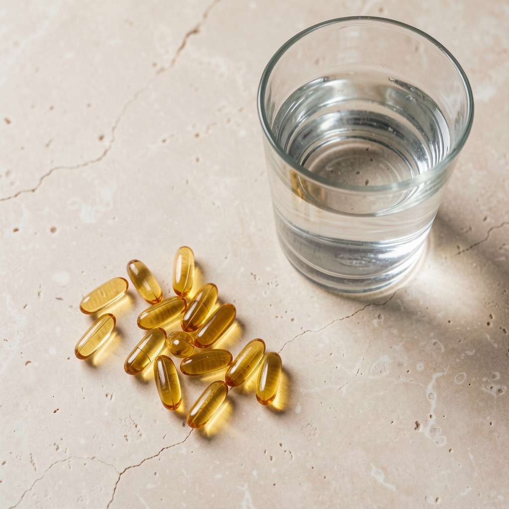 Omega-3 fish oil daily supplements and a glass of water on a pale stone surface, overhead editorial photography