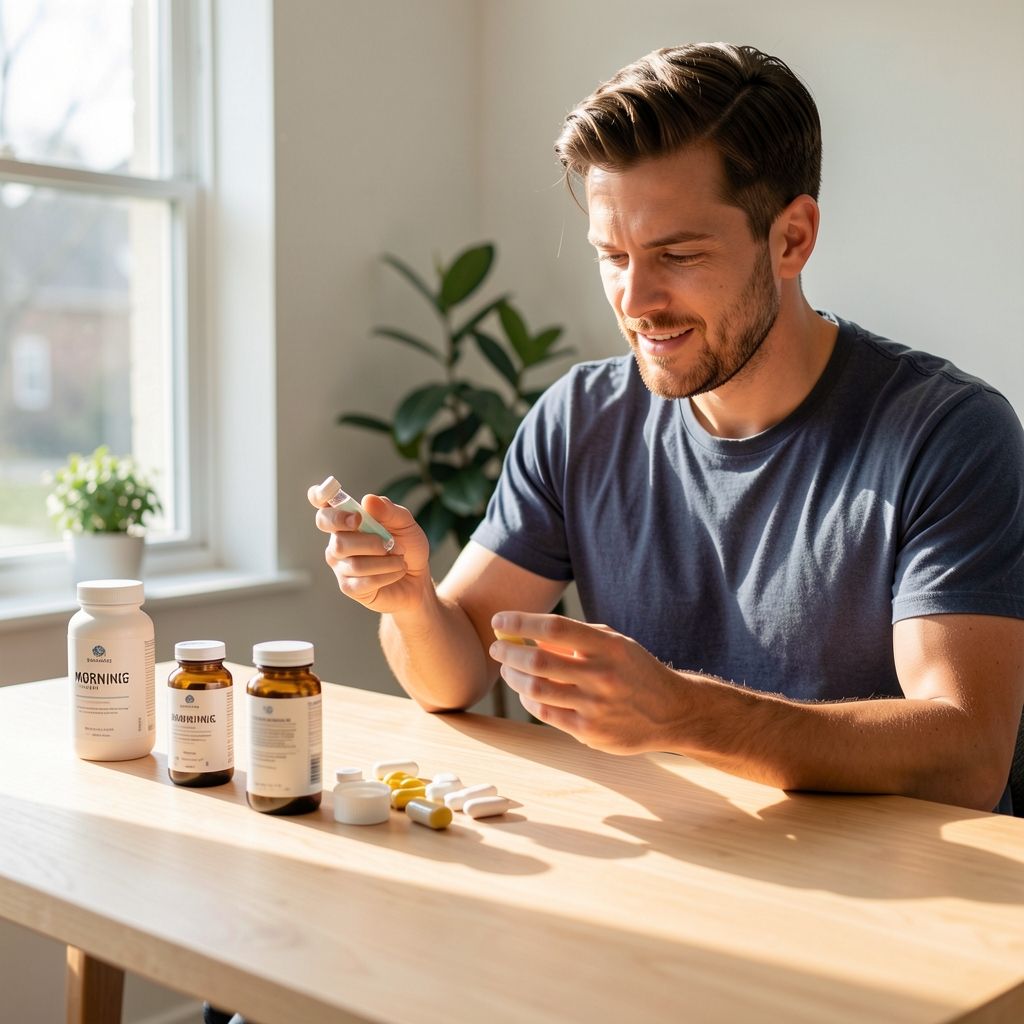 Active man reviewing his morning supplement routine at a clean wooden desk with natural sunlight